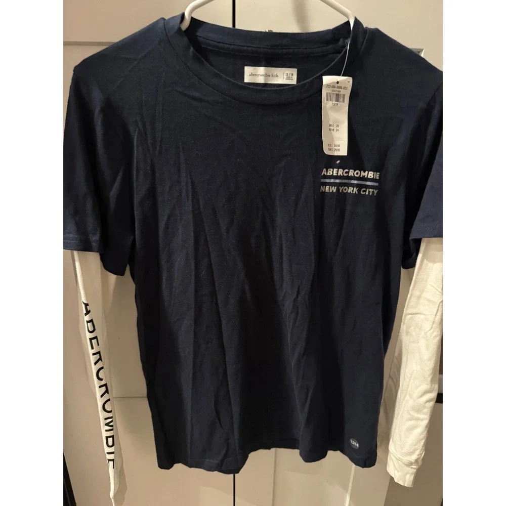 Abercrombie Kids Navy  Layered Long Sleeve Graphic T-Shirt NYC 92 Size 13/14 NWT - Picture 2 of 7